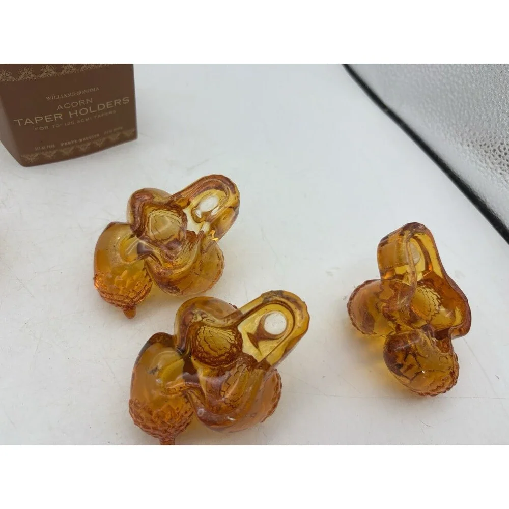 Williams Sonoma Amber Glass Acorn Taper Candle Holders Set 4 Fall Decor